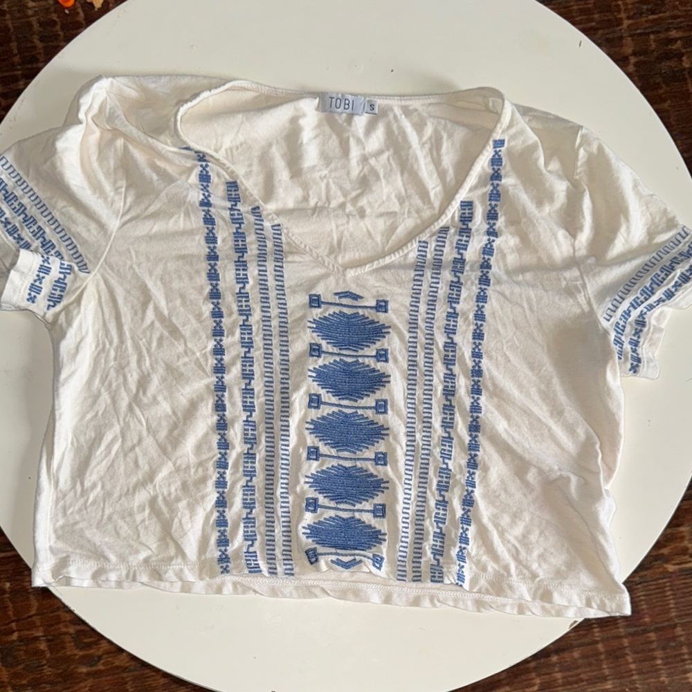 Tobi White and Blue Embellished Crop Blouse